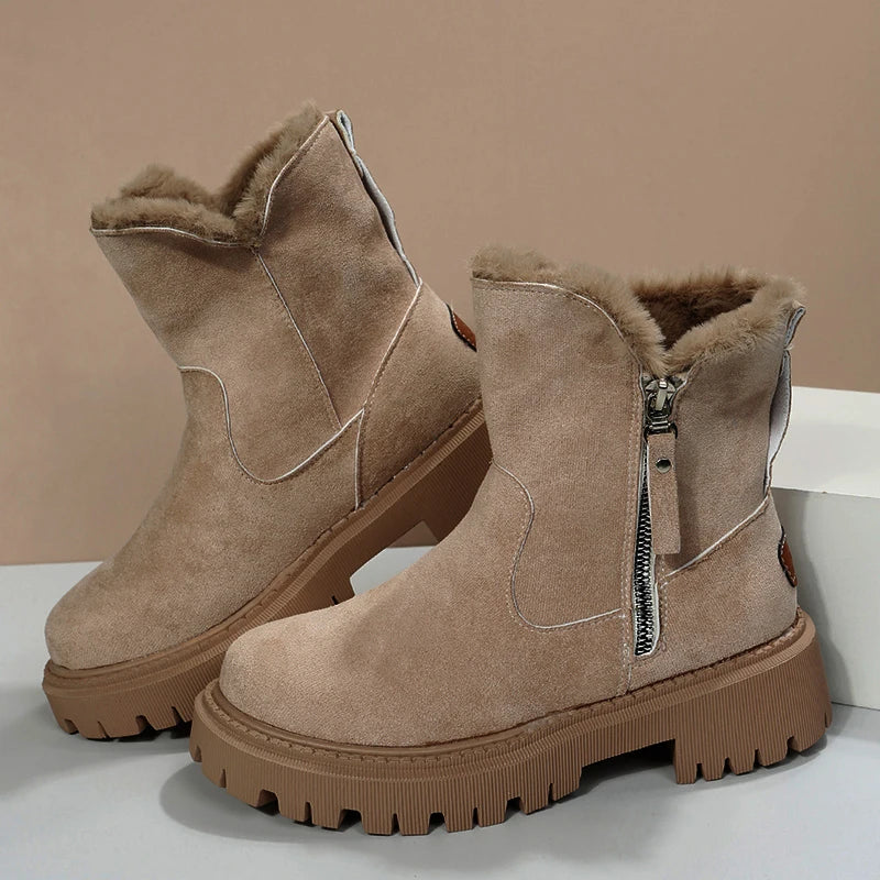 Bottes d'hiver à fermeture éclair latérale doublées de peluche pour femmes