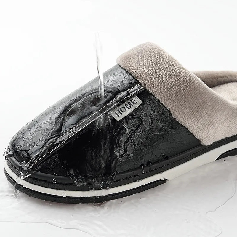 Waterproof and warm PU leather slippers