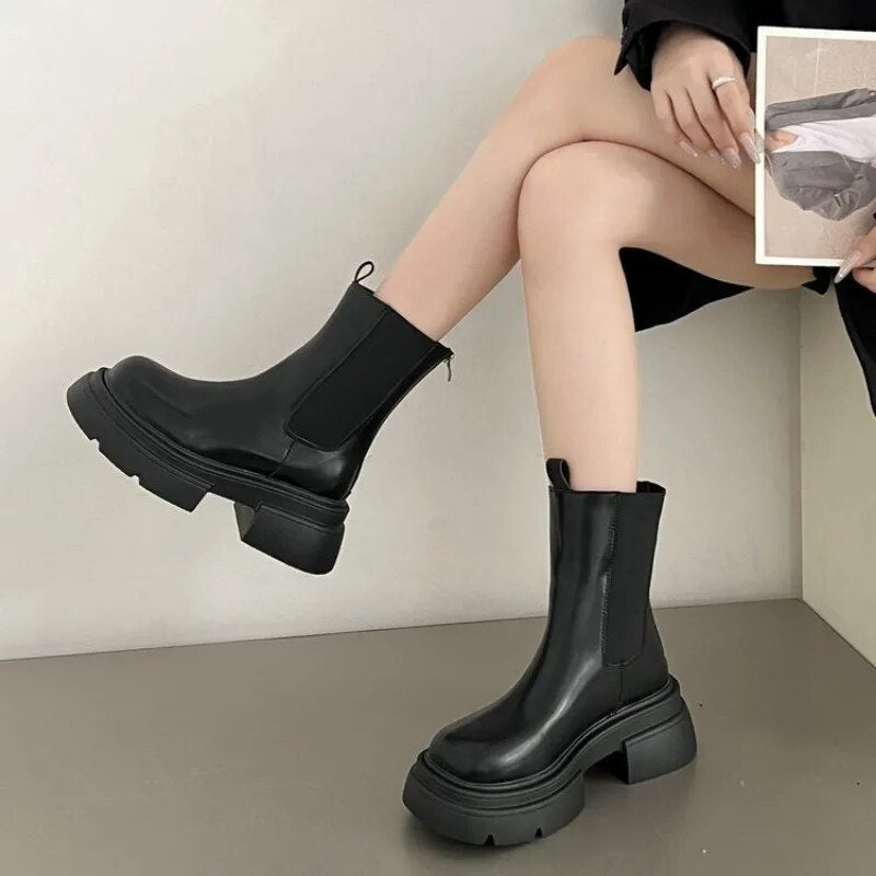 Bottines plates à Talon en simili cuir imperméables noir pour Femmes